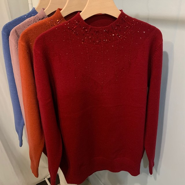 Women's Cardigan Half Turtle Collar Plus Size Short Warm Bottoming Sweater Diamond-encrusted Middle-aged and Elderly Fashion Mom Sweater