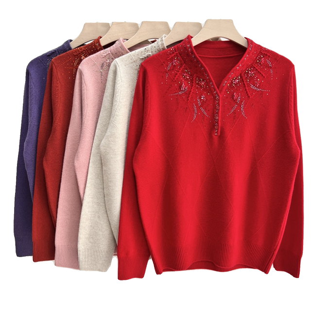 Grandma's Autumn and Winter Wool Sweater Women's 100 Pure Wool Middle-aged and Elderly Style Mother's Warm Sweater Bottoming Shirt