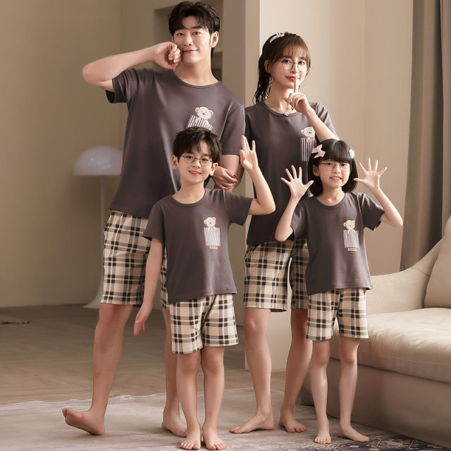 Family of three and four parents-child pajamas short-sleeved summer thin pure cotton mother-daughter shorts round neck home clothing set