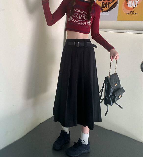 Western temperament high -level vertical pressure pleated suits skirt women autumn and winter retro, big cover leisure A -shaped half body long skirt
