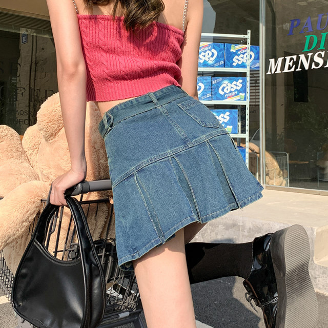 VWYZ Street hot girl spliced ​​ruffled pleated denim skirt for women with retro slim waistband fishtail skirt