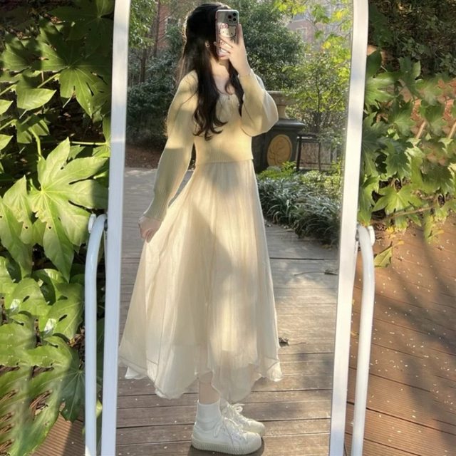 versatile mesh skirt for women in spring and summer apricot color irregular a-line skirt mid-length sweet ins fairy long skirt
