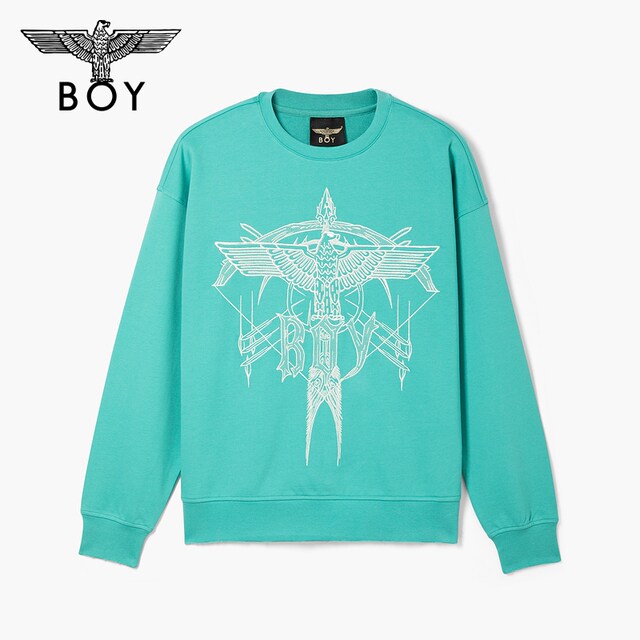 BOYLONDON Spring Men and Women's Same Pearl Light Embroidered Peacock Blue Simple Casual Pullover Sweatshirt N03001