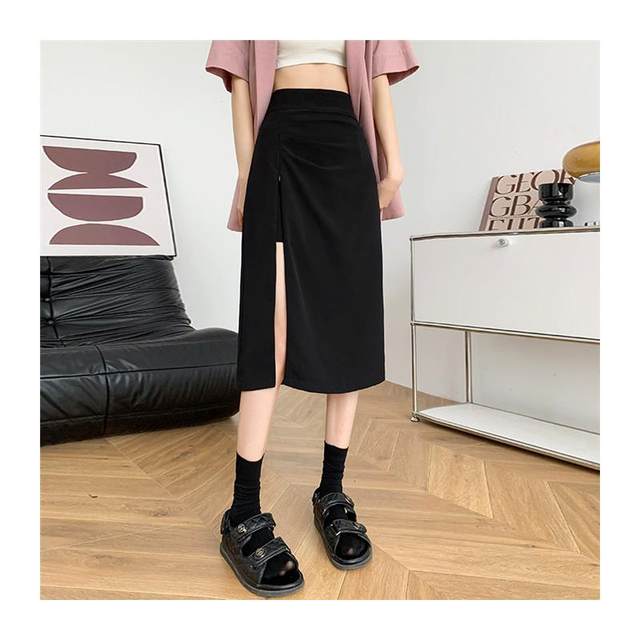 Folding zipper split skirt Female summer high waist irregular A -line skirt Small Korean versatile mid -length skirt
