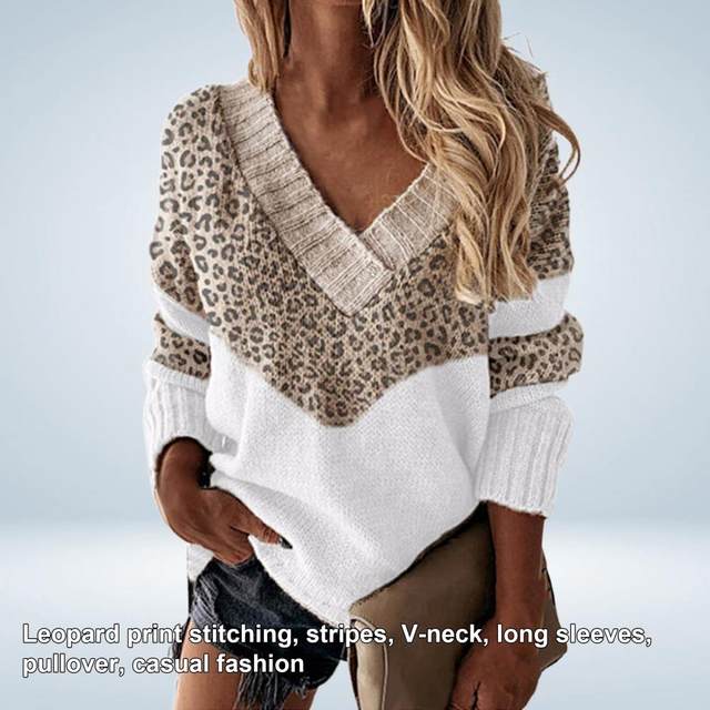 Leopard V-Neck Color-Blocking Long-Sleeve Knittig leopard Vedic Vedic
