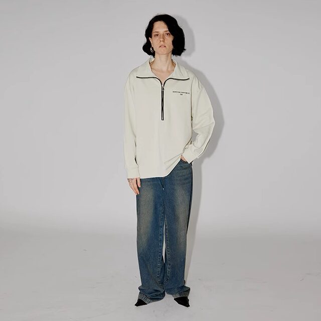 PHISM spring and summer new zipper printed sweatshirt for women loose long-sleeved lapel sweatshirt pure color