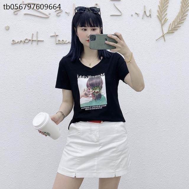 2025 summer new Korean version V-neck print pattern casual cotton slim irregular short-sleeved T-shirt trendy