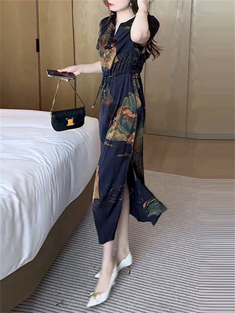 High-end new Chinese style printed short-sleeved dress for women 2024 summer new V-neck lace-up slim skirt