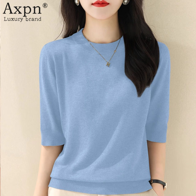 Sweater top for women 2025 summer new half-high round neck mid-sleeved loose gray front shoulder base top