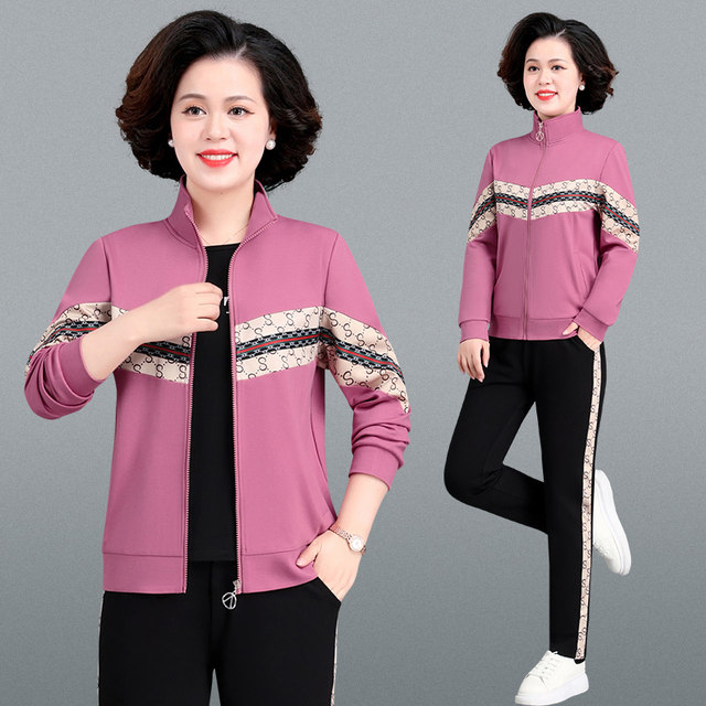 Middle -aged and elderly sports suit female spring and autumn casual three -piece sweater cardigan loose middle -aged mother spring jacket
