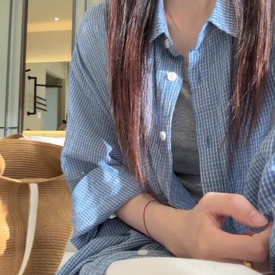Blue linen plaid shirt for women 2025 summer new loose and versatile casual style sun protection shirt jacket ins