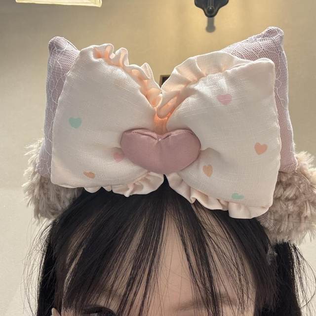 Cute bow furry face wash headband for women 2025 new style headband cartoon amusement park check-in, photo and issue card
