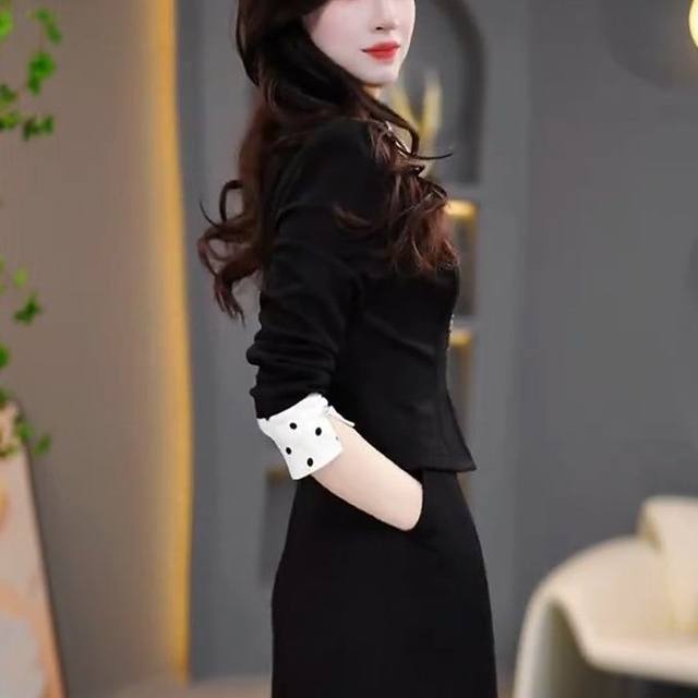 Fashionable fake two-piece long-sleeved dress for women 2025 spring new style temperament waist-hugging and slimming mid-length casual skirt