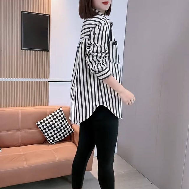 New velvet thickened long-sleeved striped shirt for women in autumn and winter, loose slim lapel cardigan versatile top