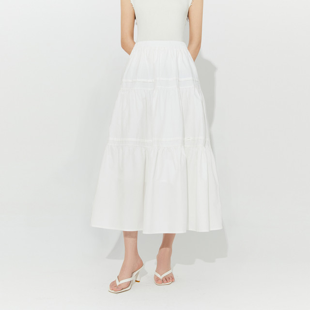 VIVICATHY2025 Summer Gentle Sweet A-line White Slim Elastic Waist Spliced ​​Skirt