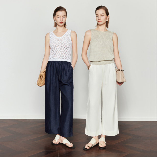CHICJOJO White Casual Pants Women's 2025 New Summer Straight Loose Drawstring Nine Minutes