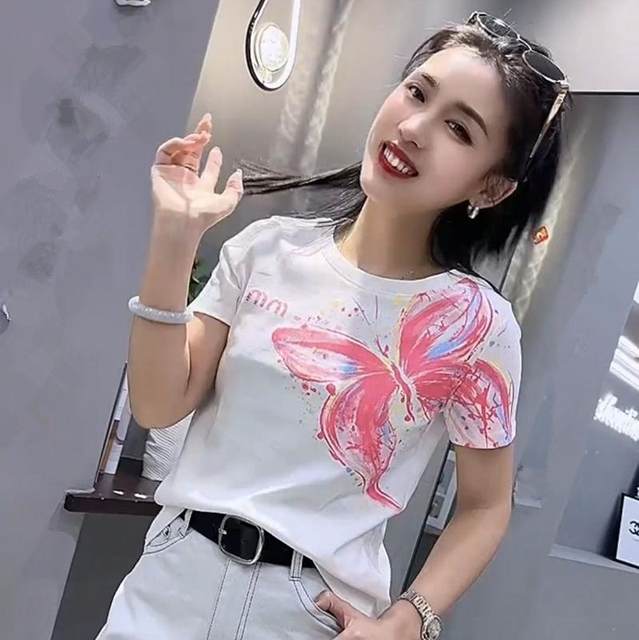 High-quality pure cotton short-sleeved T-shirt for women in summer 2025 new fashionable age-reducing shirt slimming shoulder T-shirt top
