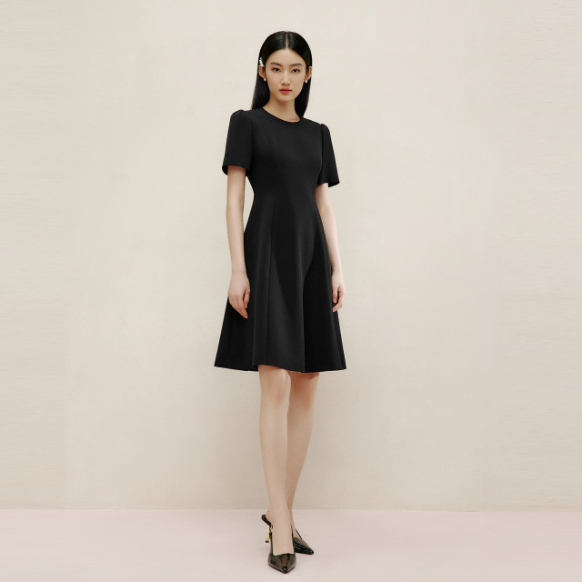 Langzi Group LIME Rhine elegant classic OL small black dress dress 25 summer round neck waist slim commuter skirt
