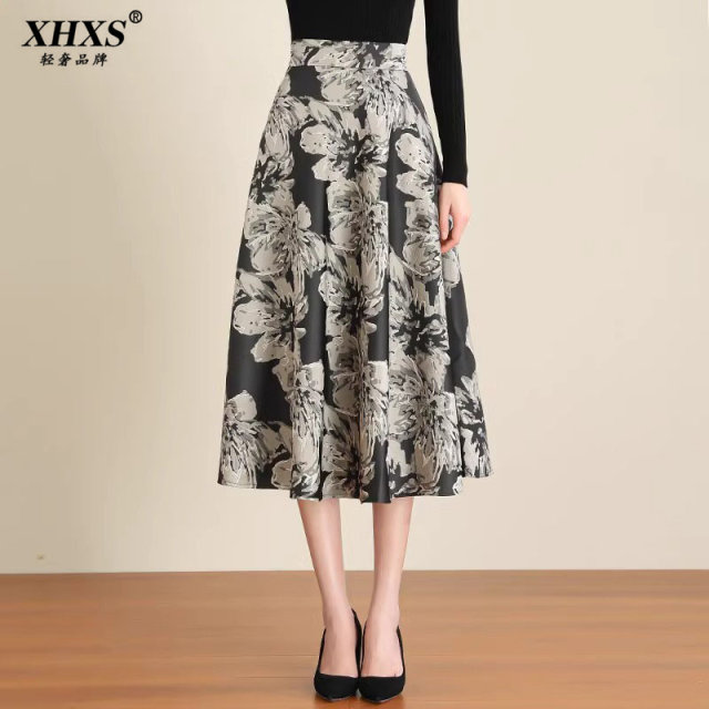 New summer trendy skirt printed with high waist slim big umbrella skirt retro mid-length over-knee women's skirt