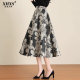 New summer trendy skirt printed with high waist slim big umbrella skirt retro mid-length over-knee women's skirt