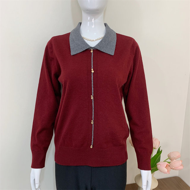 Fashionable mother dress lapel color-blocking temperament sweater 2025 spring and autumn new age-reducing base shirt middle-aged and elderly tops