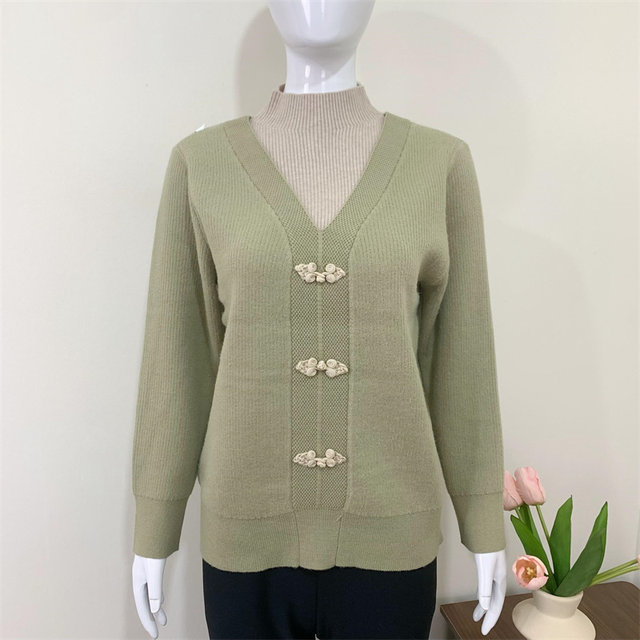 Mother's autumn and winter sweater, velvet and thickened bottoming shirt, middle-aged and elderly women's half-high collar inner warm fake two-piece top