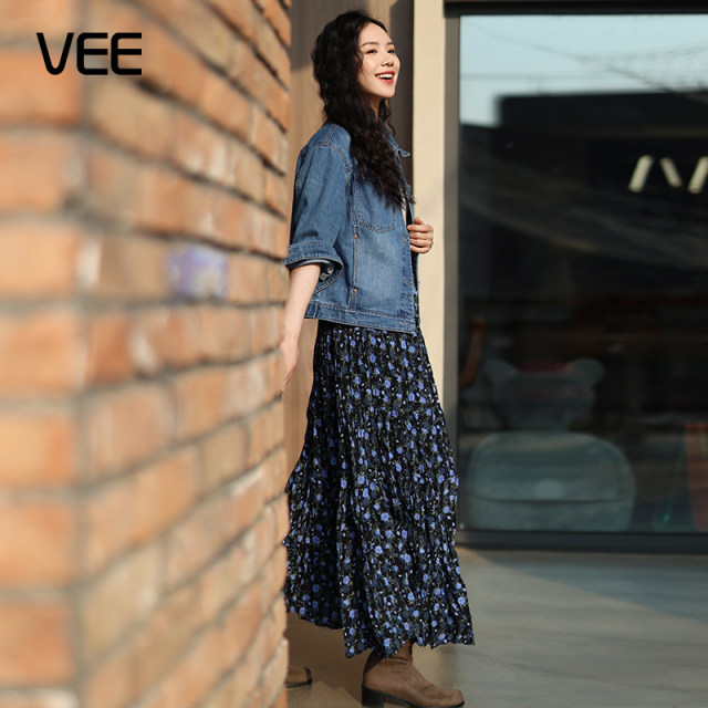 VEE25 spring outfit, slim casual floral skirt printed versatile midi skirt elegant skirt