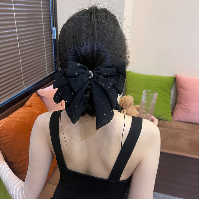 Starry sky full of stars and broken diamonds black bow half-tied hair clip 2025 new high-end high-end hair clip for women