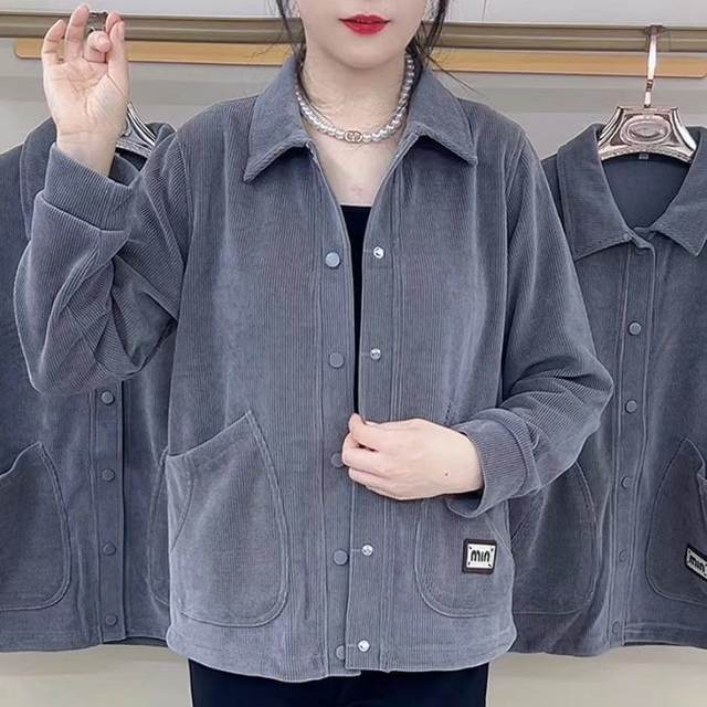New autumn loose casual versatile solid color corduroy jacket middle-aged mother dress long-sleeved top large-size cardigan