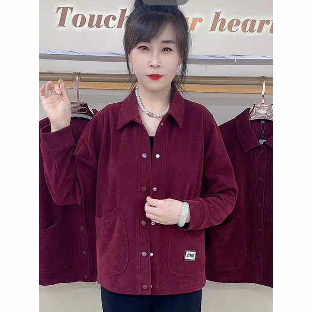 New autumn loose casual versatile solid color corduroy jacket middle-aged mother dress long-sleeved top large-size cardigan