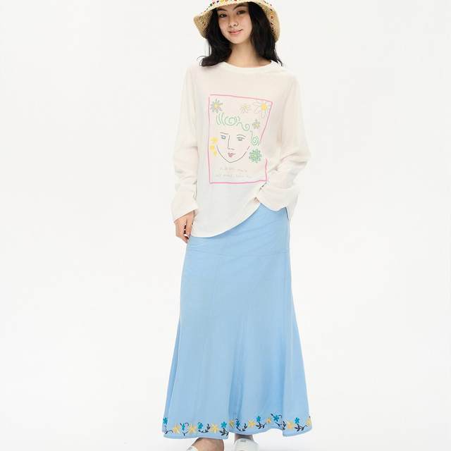 Heris grass portrait pattern print loose large style thin transparent snowflake knitted long sleeve T-sun protection against sun
