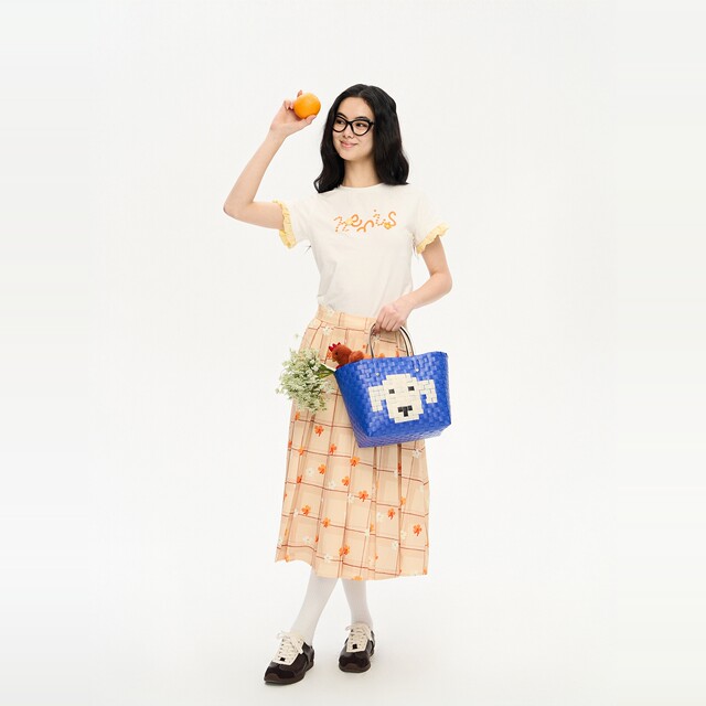 Heris orange flower plaid printed pattern A-shaped large swing press pleated medium-length cover calf college pleated skirt