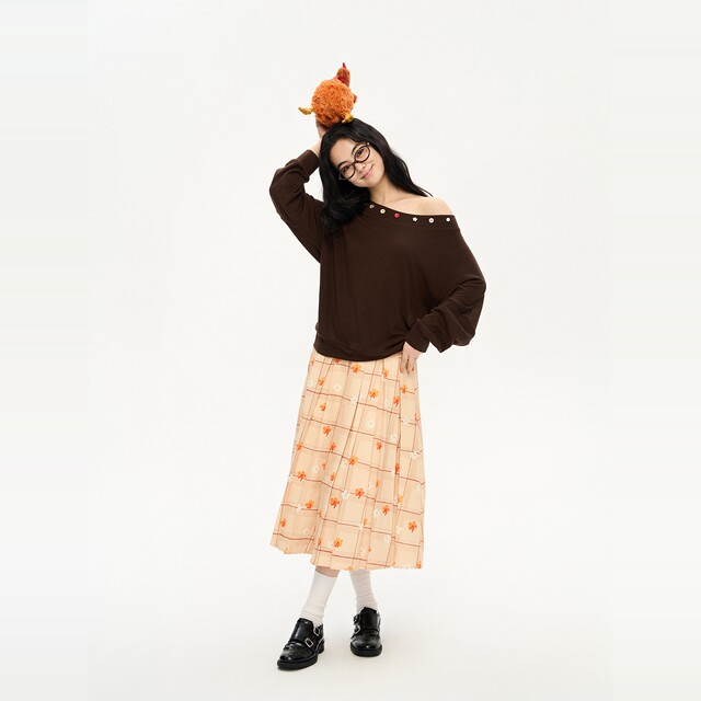 Heris orange flower plaid printed pattern A-shaped large swing press pleated medium-length cover calf college pleated skirt
