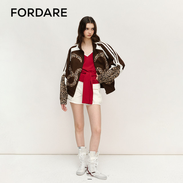 
FORDARE/FuDie 25 Spring and Summer Butterfly LOGO Leopard Print Splicing Sports Washed Jacket Contrast Color Women's Sports Jacket