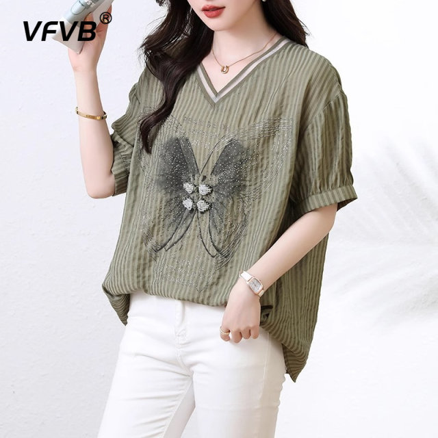 Ink green stripes hot drill V -neck short -sleeved shirt female 2024 summer new thin thin loose large size T -shirt top female