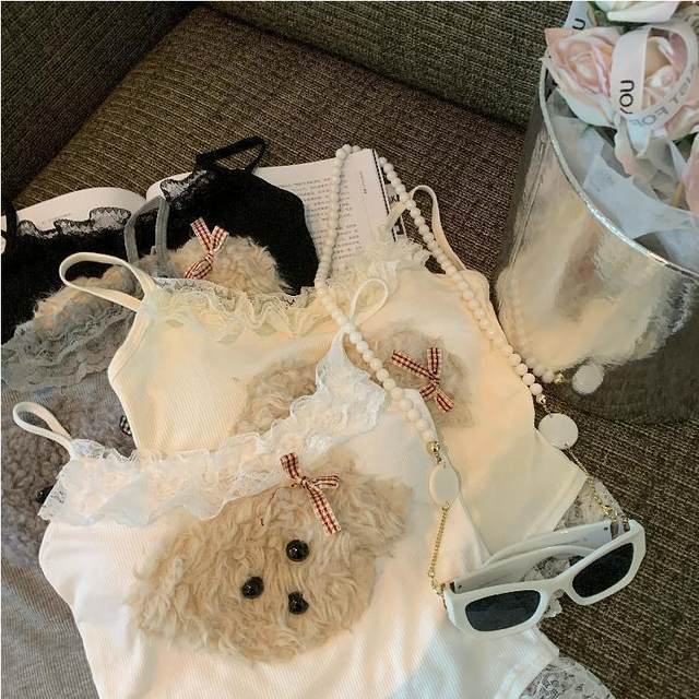 Pure and cute plush puppy suspender vest for women in spring and summer with chest pads and wear slim sweet and spicy short top