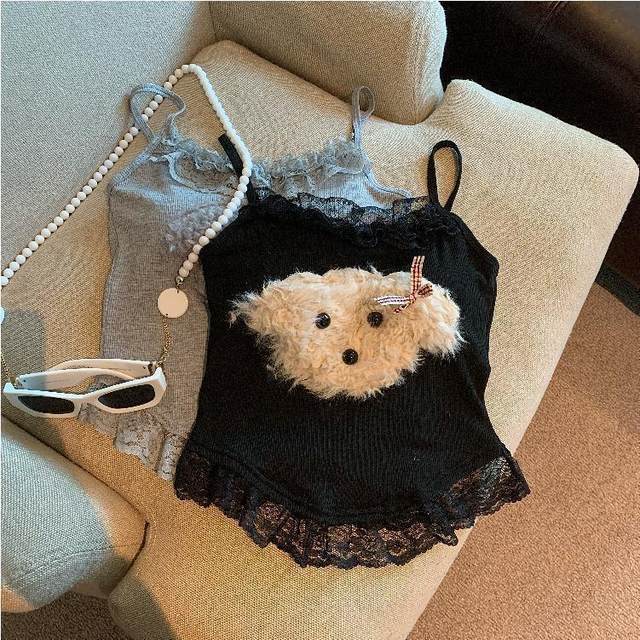 Pure and cute plush puppy suspender vest for women in spring and summer with chest pads and wear slim sweet and spicy short top