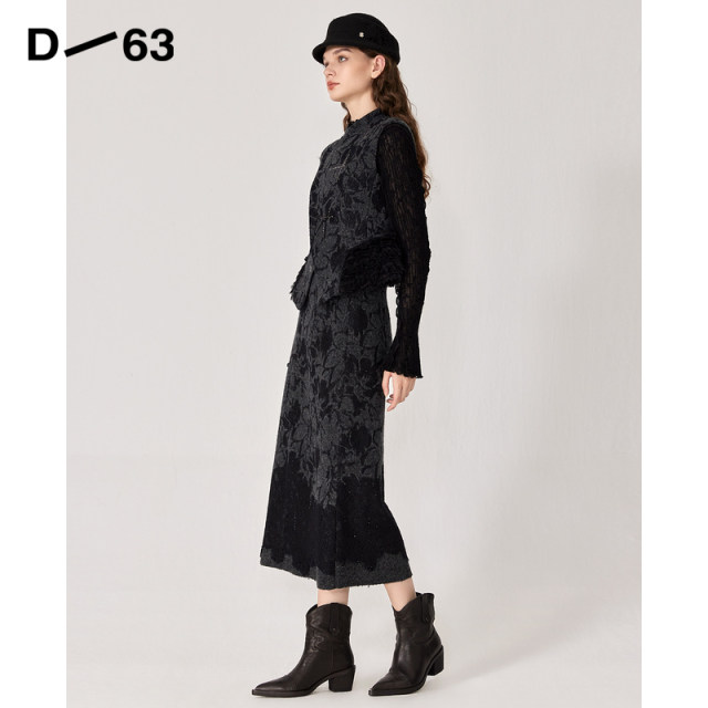 D63 women's winter black retro print new Chinese style high waist mid-length straight skirt 2024 new