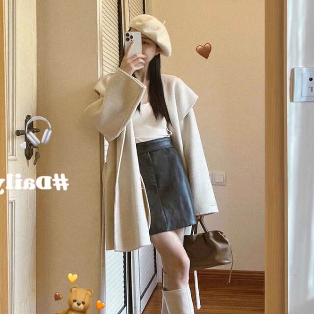 Woolen cloak short hooded coat coat French autumn and winter short high-end rice loose women's white woolen single side
