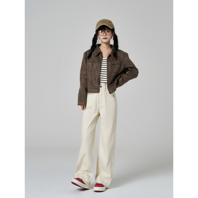 Wangjiayouyu's new versatile jeans slimming straight high waist wide-leg pants women's trousers