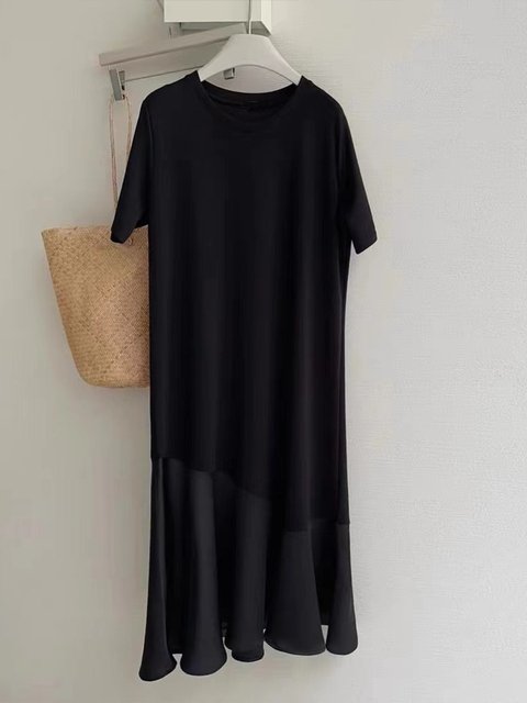 French retro casual slim and age-reducing long T-shirt skirt solid color round neck irregular skirt short sleeve dress trendy