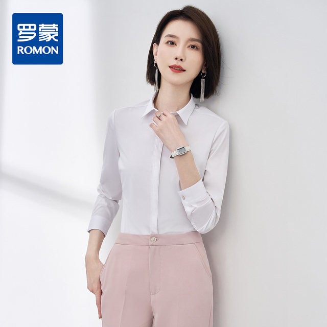 Romon white professional shirt for women in summer thin formal business women's work clothes blue shirt small collar long sleeves
