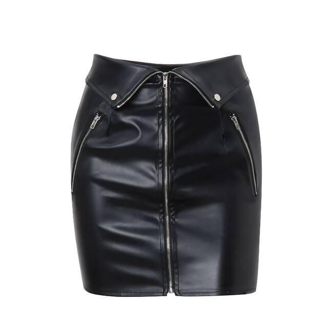Spicy Girl Street PU Leather lapel zipper design high -waisted half -body skirt Female autumn slimming thin bottom bag hip short skirt
