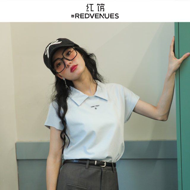 Hongguan 2025 summer new polo shirt women's T-shirt blue chic top small rag-shoulder short-sleeved lapel T-shirt
