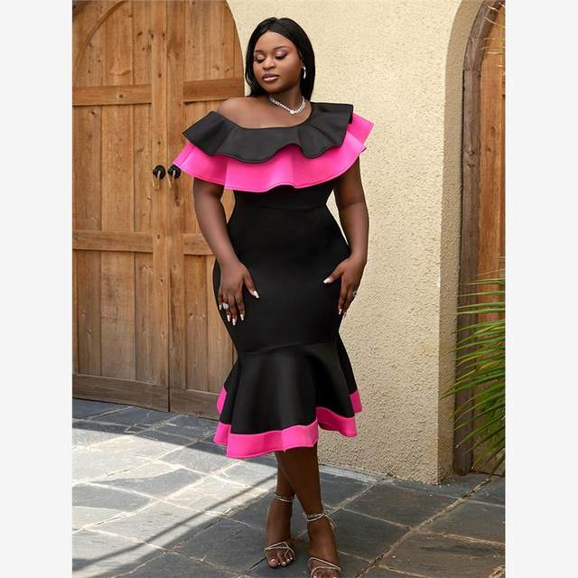 European and American large -size shoulder -back exposed ruffled border banquet parties fishtail skirt women's Sexy Party Dress