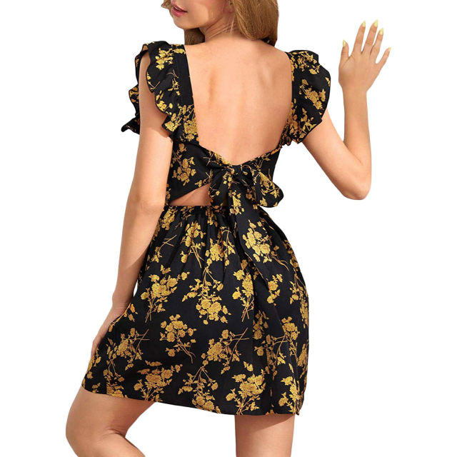 Short Sleeve Square Neck Floral Dress Short Sleeve Tightening Square Collar Floral A-line Skirt Summer