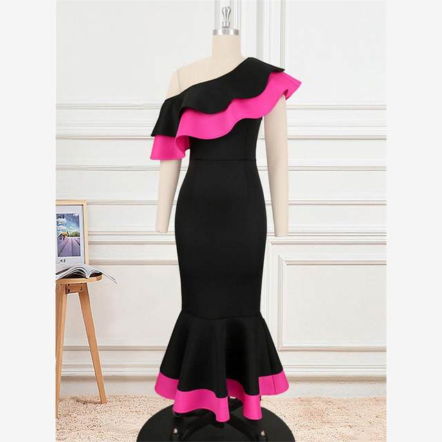 European and American large -size shoulder -back exposed ruffled border banquet parties fishtail skirt women's Sexy Party Dress
