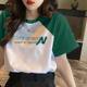 2025 hottest small short-sleeved T-shirt for women's summer contrasting ragdoll sleeves green niche unique special top loose