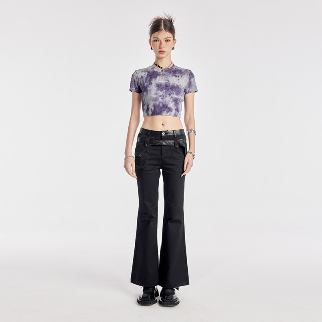 Guukahero purple tie -dyeing round neck short -sleeved T -shirt female summer American embroidery slim body thin versatile short top