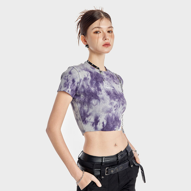 Guukahero purple tie -dyeing round neck short -sleeved T -shirt female summer American embroidery slim body thin versatile short top